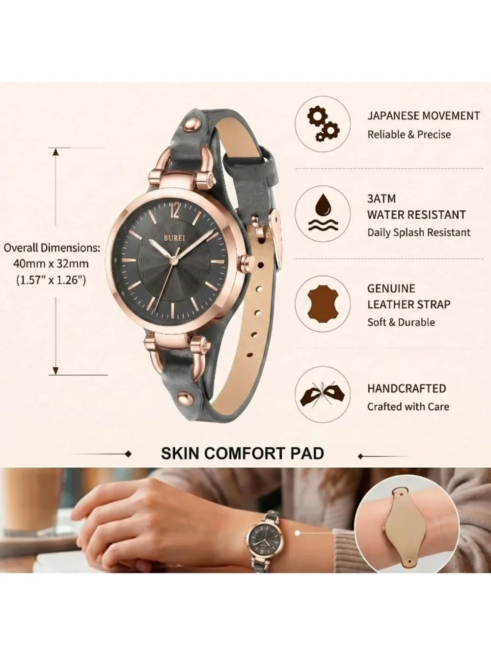 Women's Deep Grey Simple Leather Strap Bracelet Band Analog Quartz Wrist Watches
